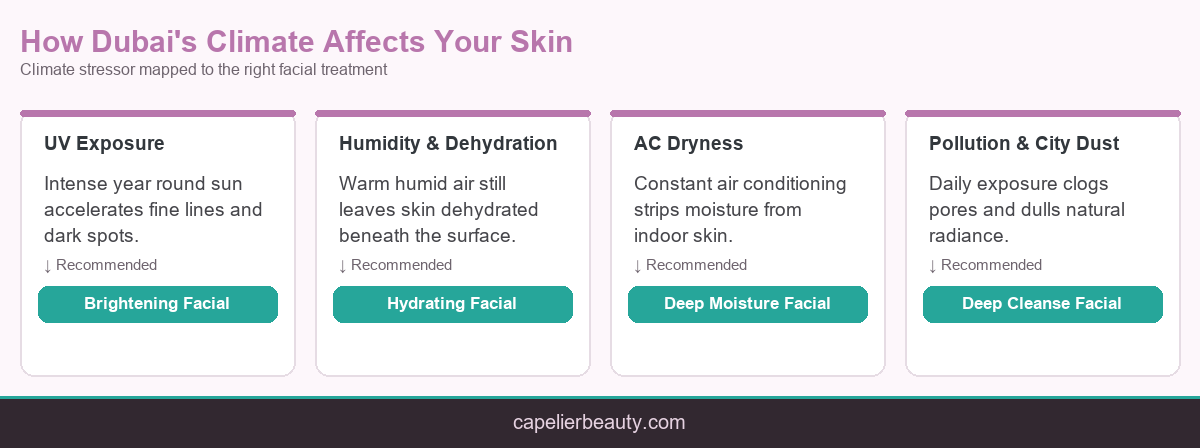 Infographic mapping Dubai climate stressors, including UV exposure, humidity, air conditioning and pollution, to the recommended facial treatment