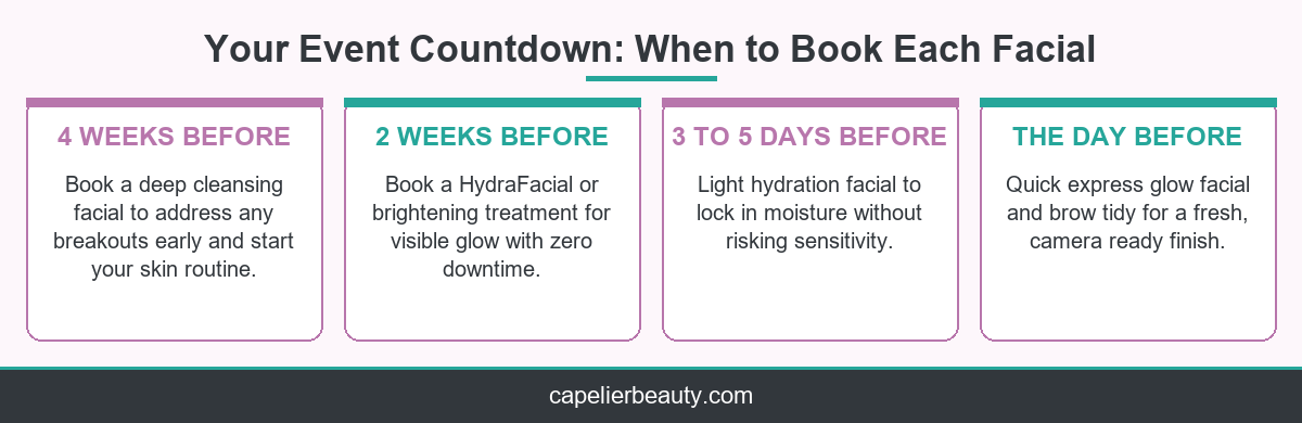 Infographic showing an event countdown timeline for booking facials before a big event in JBR