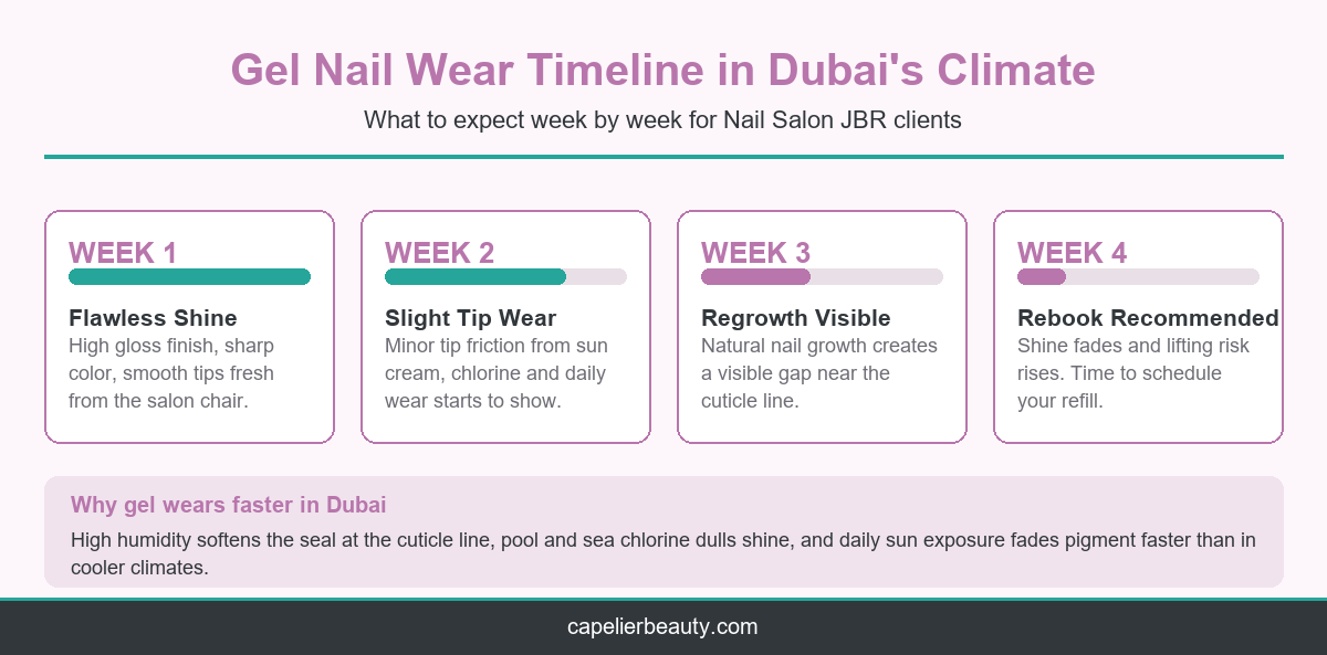 Infographic showing the gel nail wear timeline week by week in Dubai heat and humidity for Nail Salon JBR clients