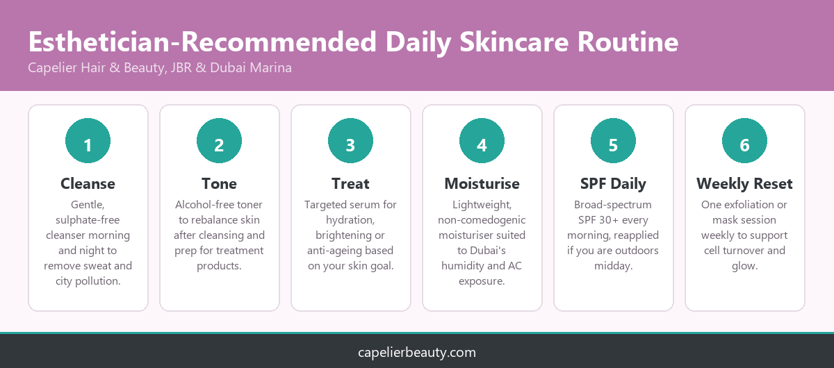 Infographic showing a six step esthetician recommended daily skincare routine