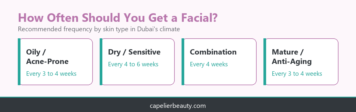 Infographic showing recommended facial frequency by skin type for a Facial Treatment Dubai routine